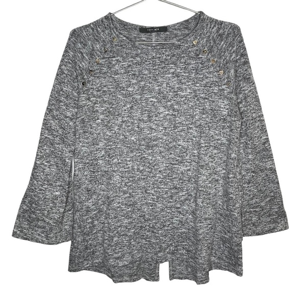 COIN 1804 Long Sleeve Sweater Button Detail Bell Sleeve Heather Grey High Low - Picture 1 of 8